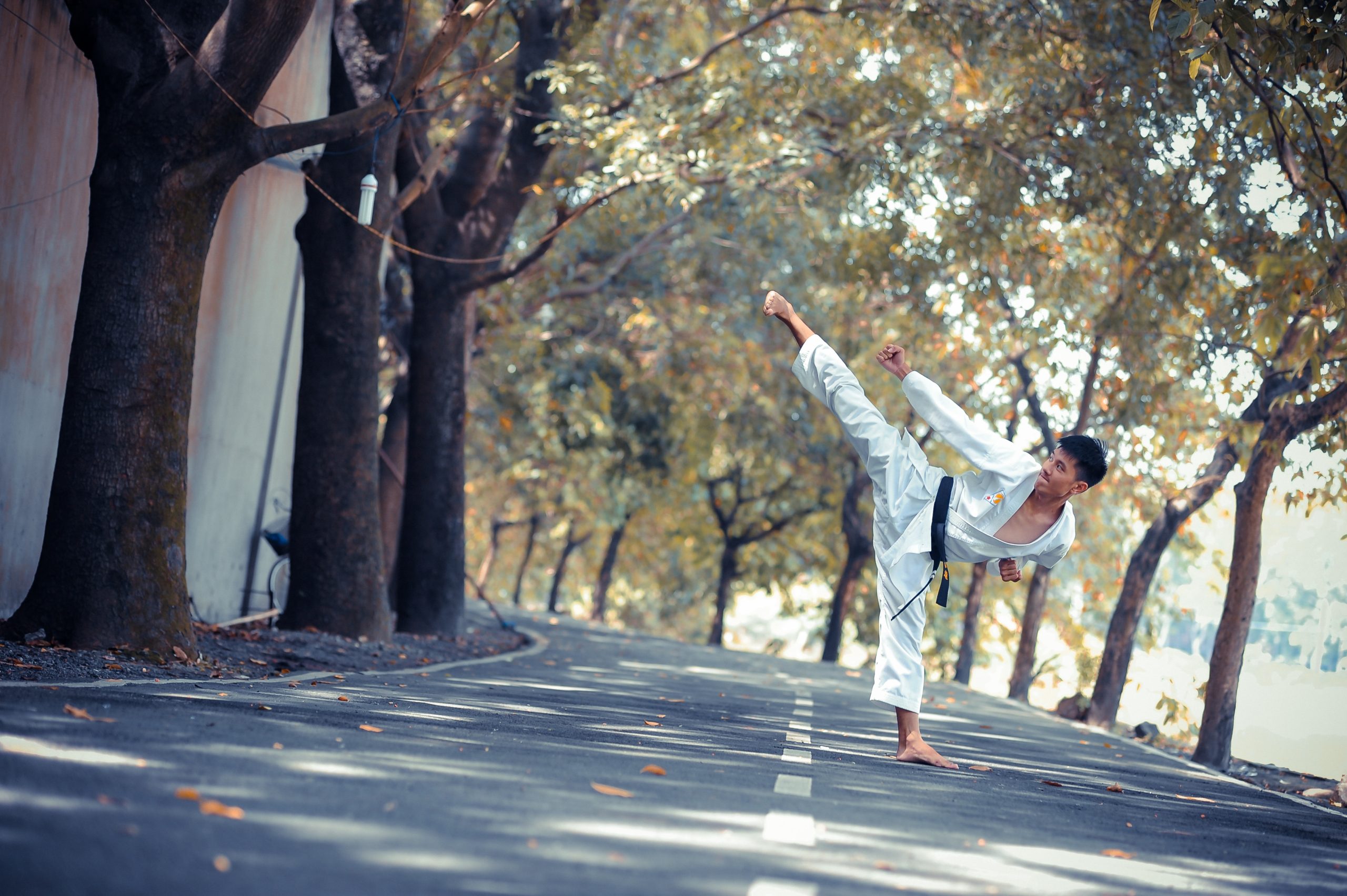 man practicing martial arts outside